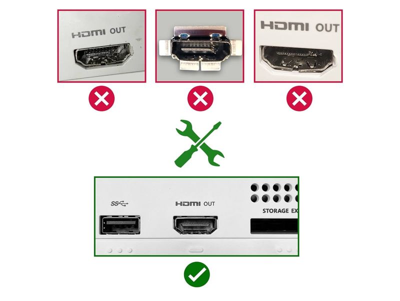 Damaged HDMI ports beside a repaired one